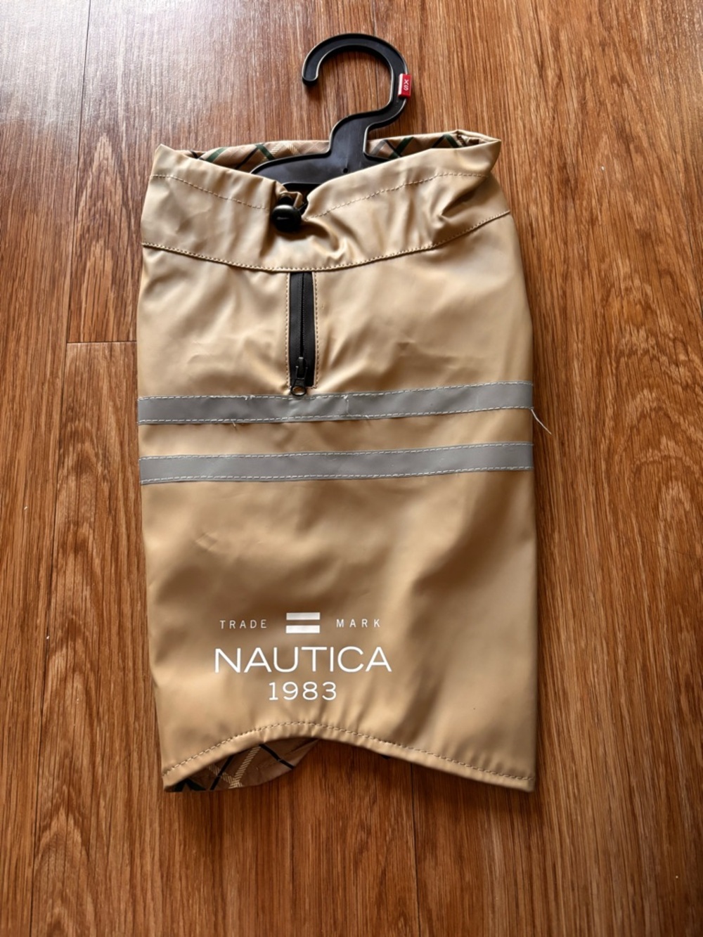 Nautica Tan Reflective Stripe Dog Raincoat reversible